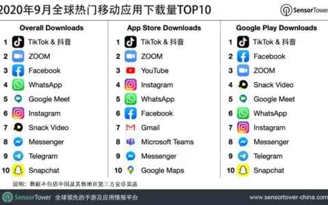 2020年9月全球热门移动应用下载量TOP10