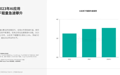 《2023年AI应用市场洞察》- 2023年上半年下载量同比增长114%，突破3亿次，超过2022年全年水平