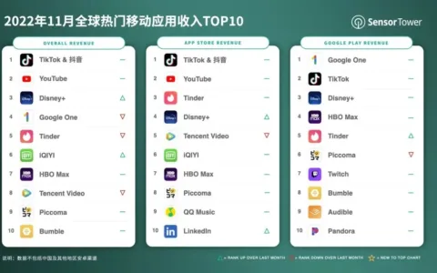 2022年11月全球热门移动应用收入TOP10