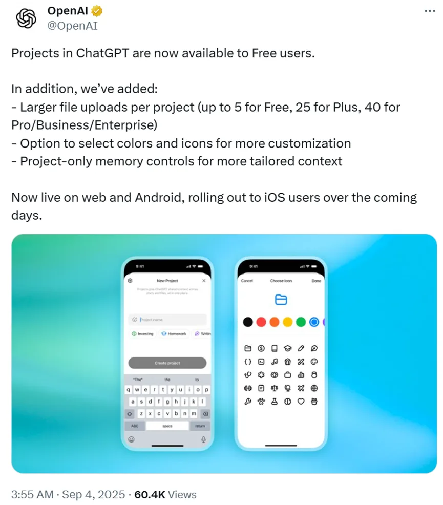 OpenAI免费开放ChatGPT Projects
