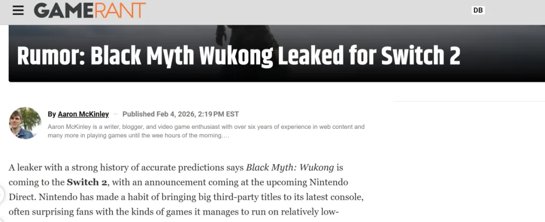 《黑神话：悟空》或将登陆任天堂Switch 2