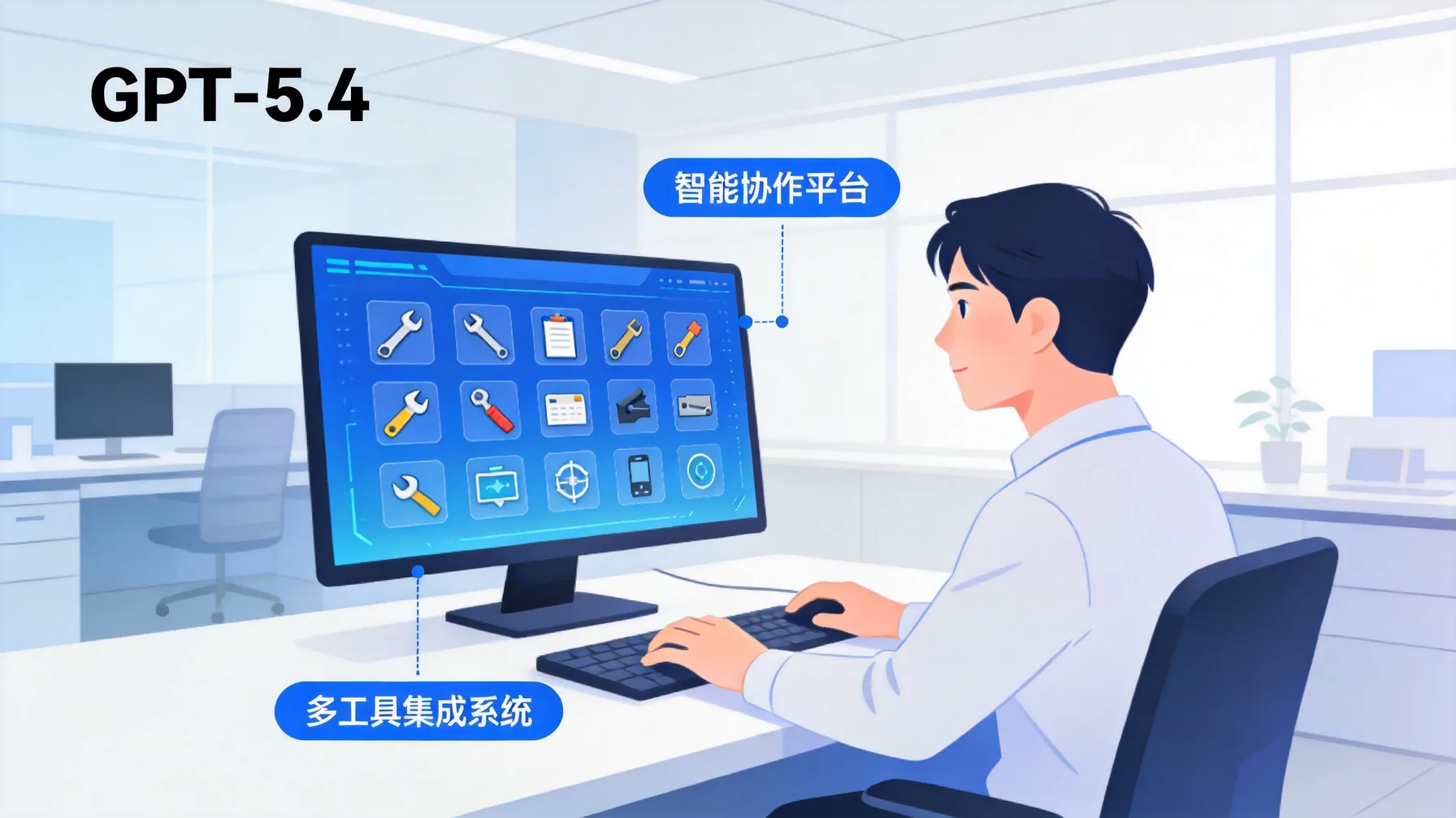 GPT‑5.4 操作多工具协作场景图