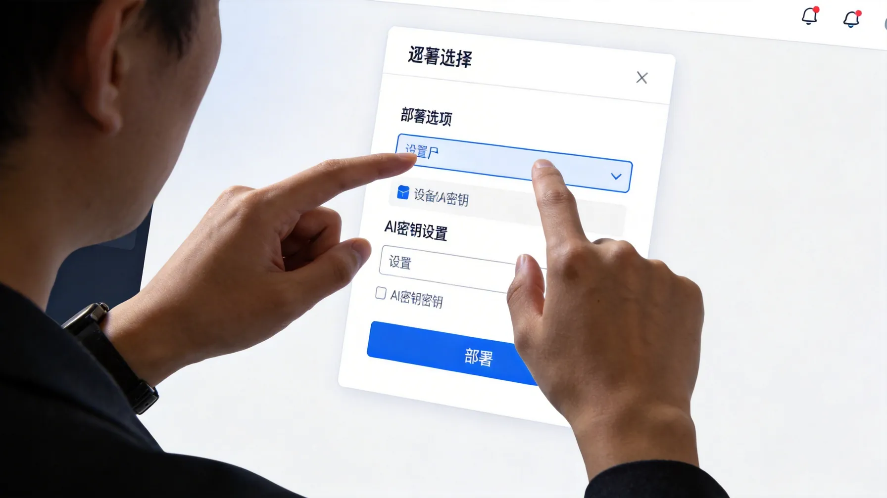 ClawCloud平台的简洁现代界面，用户正在选择部署选项并设置AI密钥。