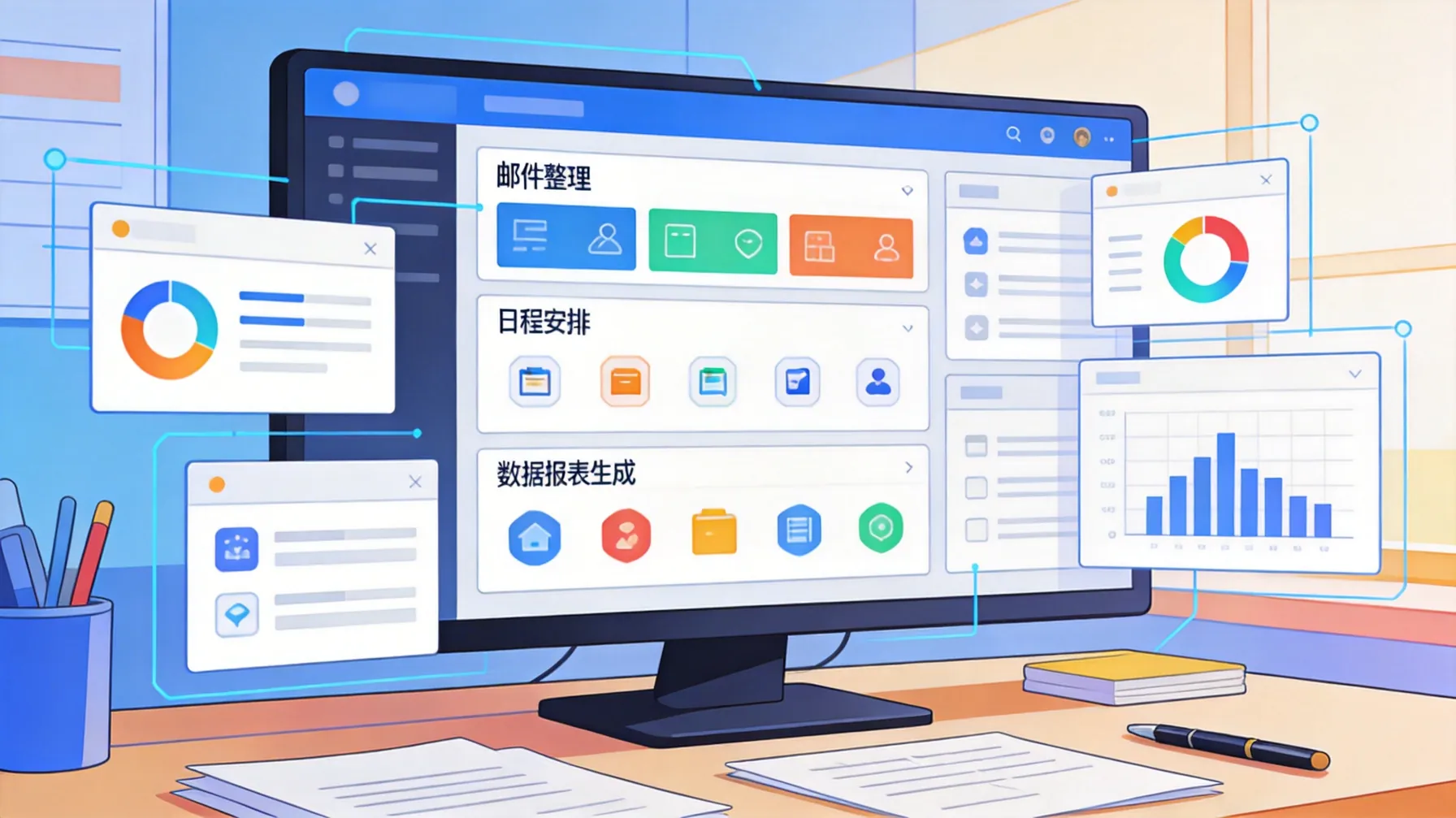 OpenClaw AI在办公环境中展示多功能界面