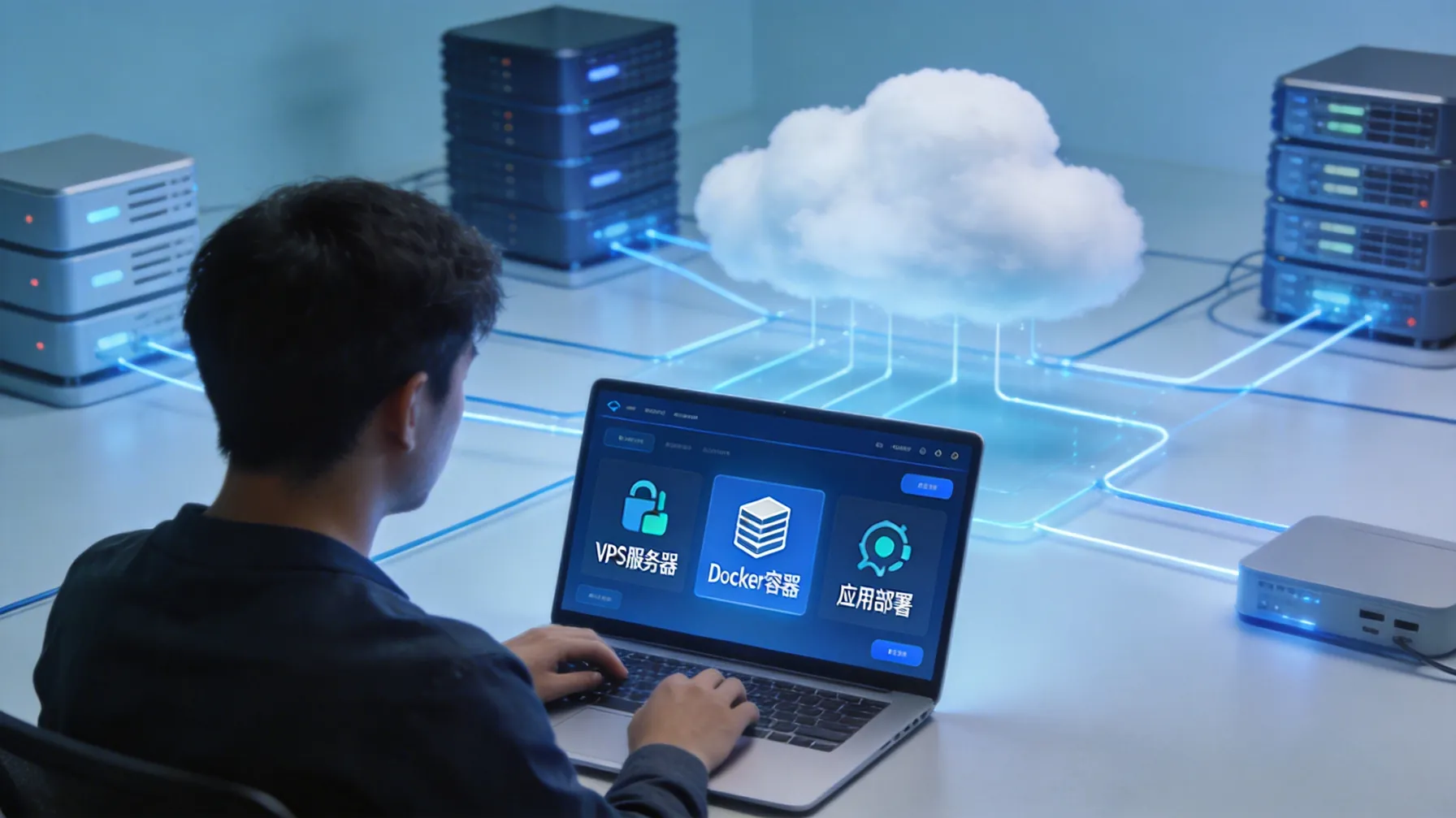 开发者通过云平台控制台部署服务器和容器应用的概念图