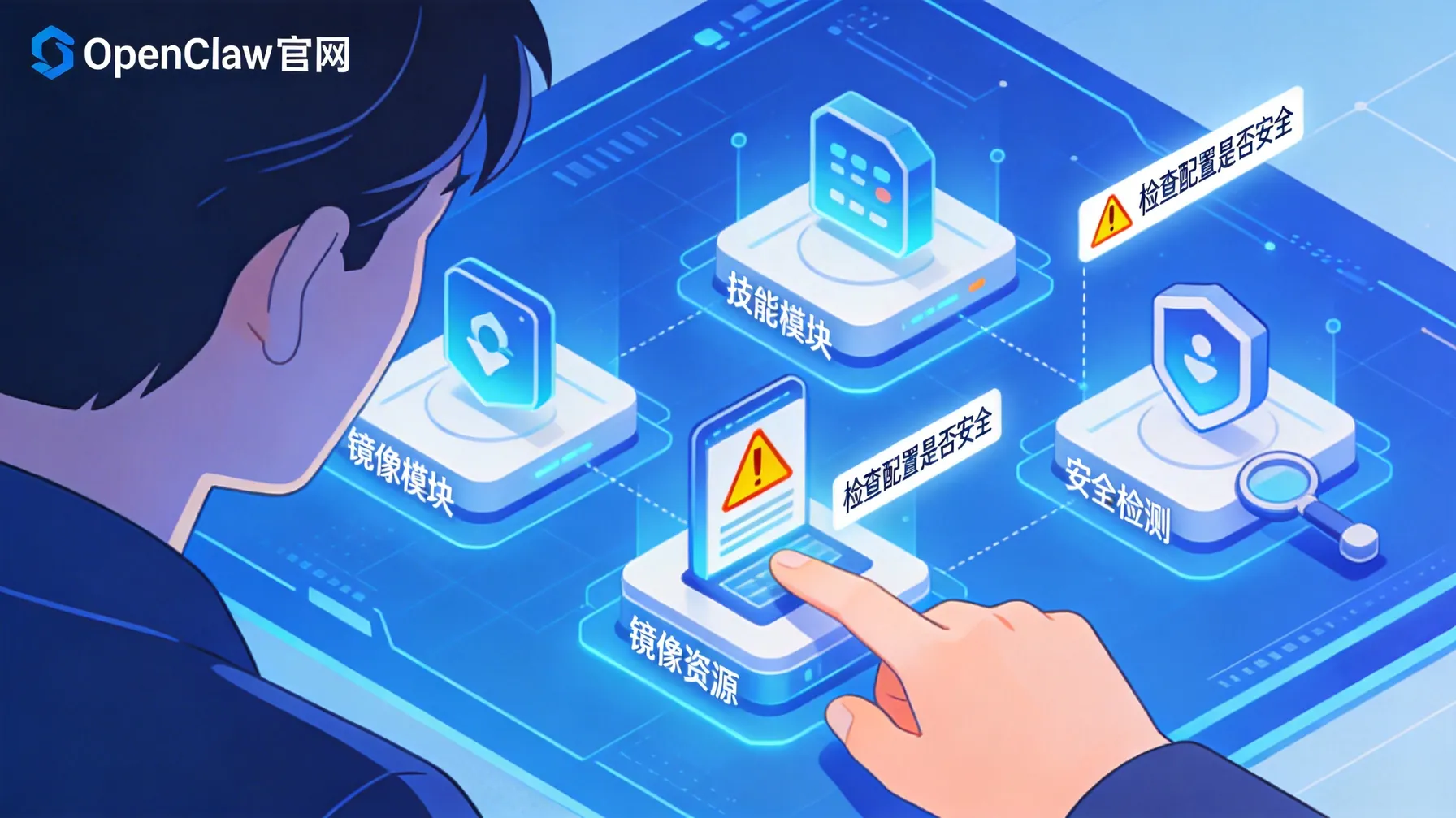 OpenClaw官网界面，展示技能模块、镜像资源以及安全检测工具的界面